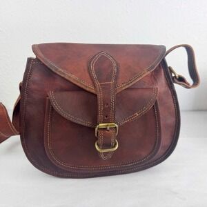 Firu Handmade Brown Leather Saddle Bag Crossbody  Satchel Purse Mens Womens